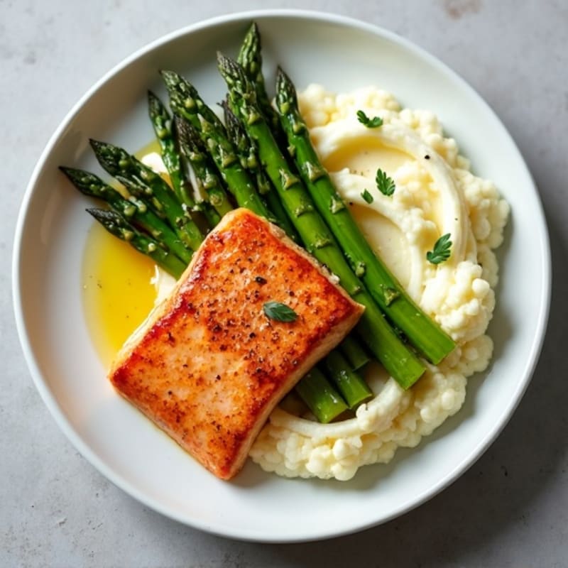 Seared Salmon with Steamed Asparagus and Cauliflower Mash