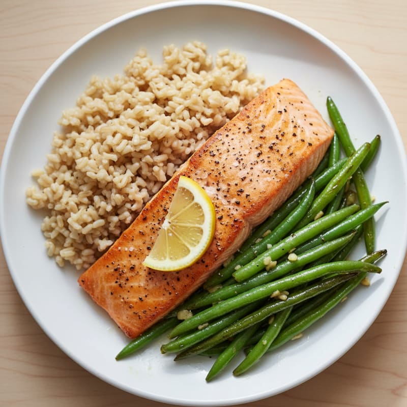 Seared Salmon Fillet with Garlic Green Beans and Brown Rice