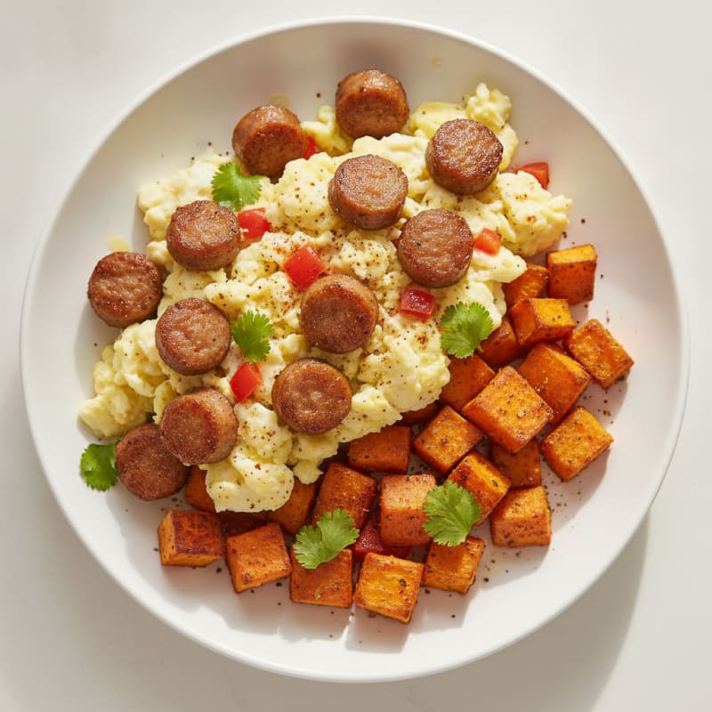 Crispy Turkey Sausage and Egg White Scramble with Roasted Sweet Potatoes