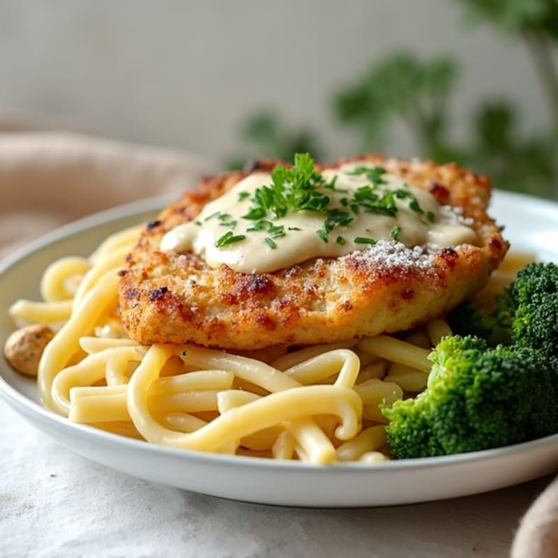 Creamy Cashew Alfredo Pasta with Crispy Chicken and Roasted Broccoli