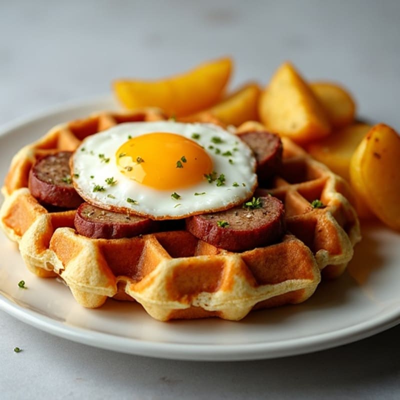 Egg and Turkey Sausage Waffles with Crispy Potatoes