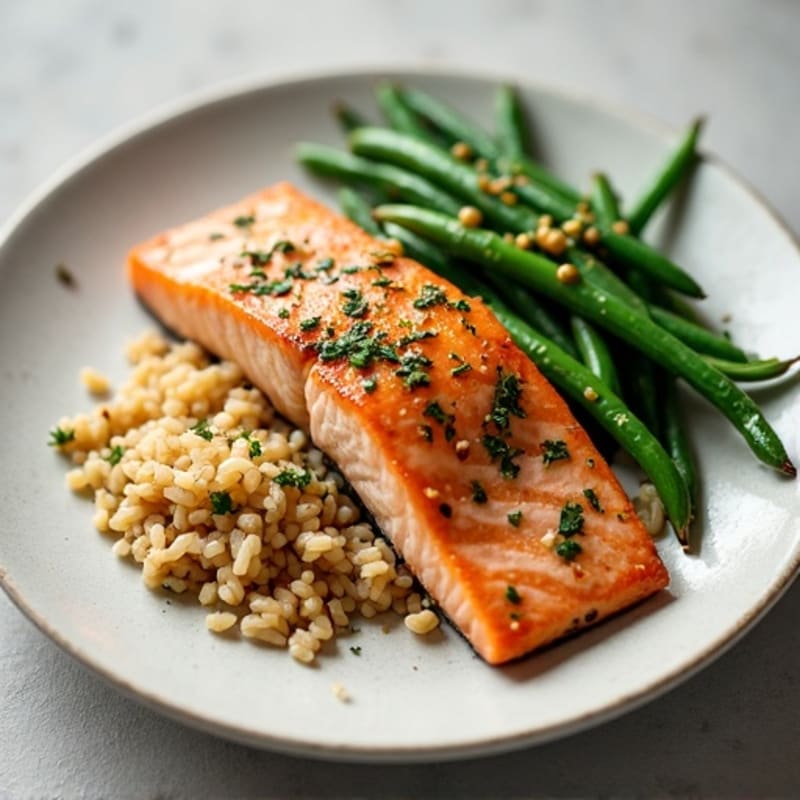Seared Salmon Fillet with Garlic Green Beans and Brown Rice