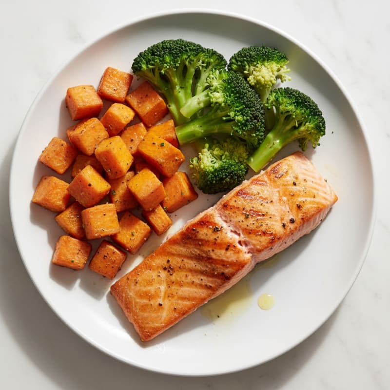 Seared Salmon with Roasted Sweet Potatoes and Steamed Broccoli