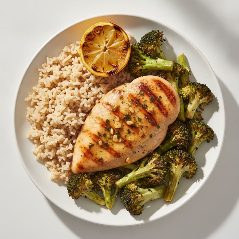 Grilled Chicken Breast with Brown Rice and Roasted Broccoli