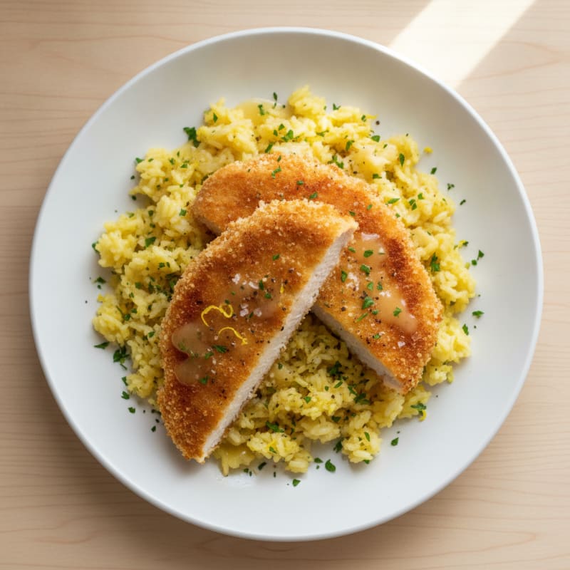 Pan-Fried Chicken Cutlet with Lemon Rice