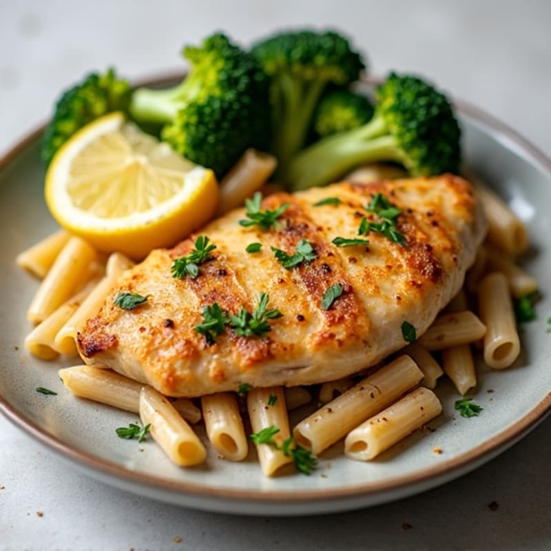 Lemon Garlic Chicken with Whole Wheat Pasta and Roasted Broccoli