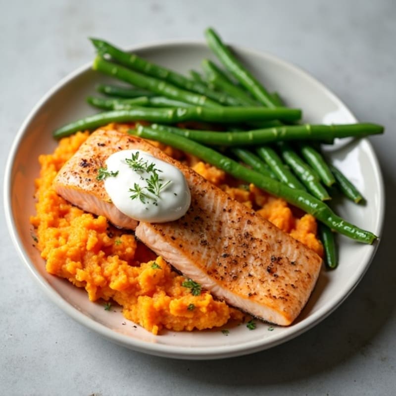Seared Salmon with Steamed Green Beans and Sweet Potato Mash