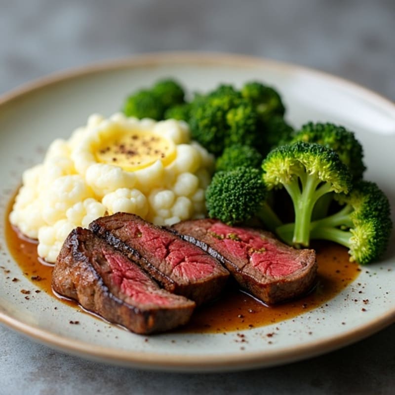 Seared Lean Beef with Roasted Broccoli and Cauliflower Mash
