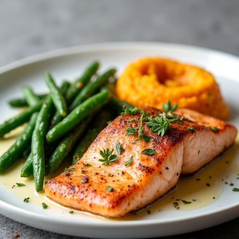 Seared Salmon with Garlic Green Beans and Sweet Potato Mash