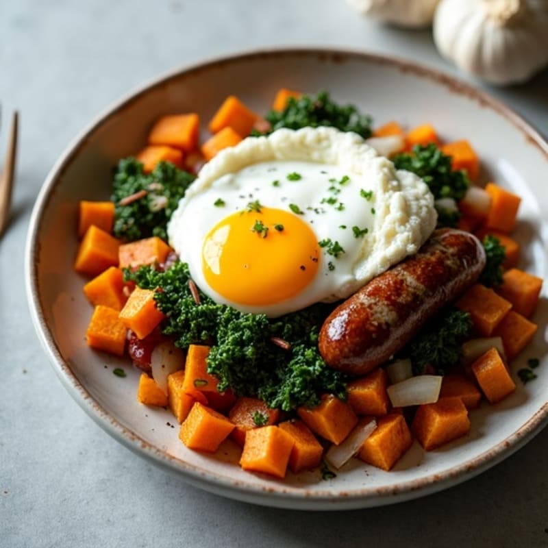 Crispy Sweet Potato and Kale Hash with Poached Eggs