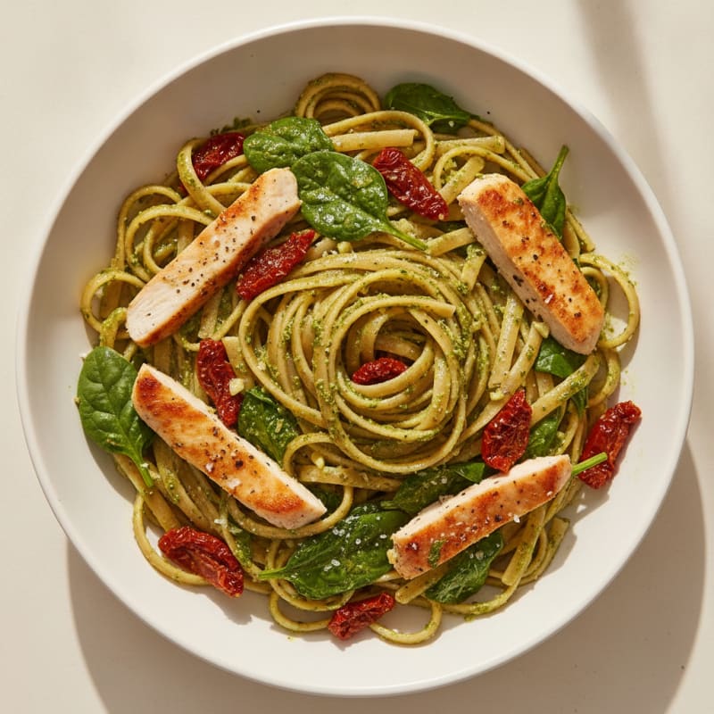 Pesto Chicken Linguine with Sun-Dried Tomatoes