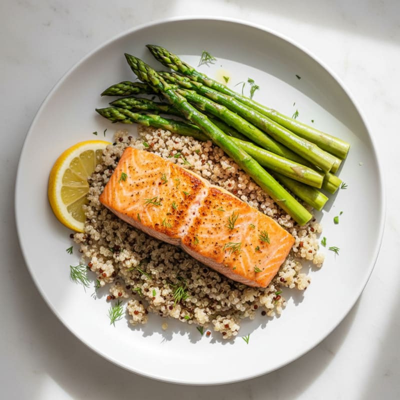 Seared Salmon with Steamed Asparagus and Quinoa