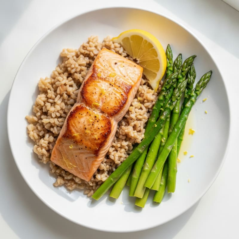 Seared Salmon with Steamed Asparagus and Brown Rice