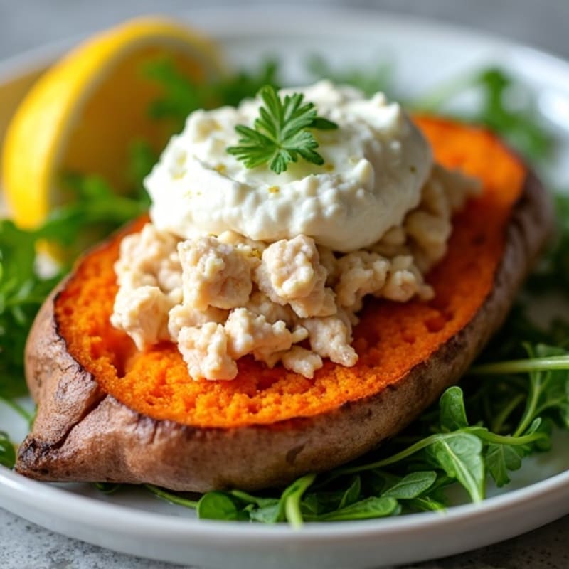 Roasted Sweet Potato with Flaked Tuna, Creamy Cottage Cheese, and Lemon Arugula