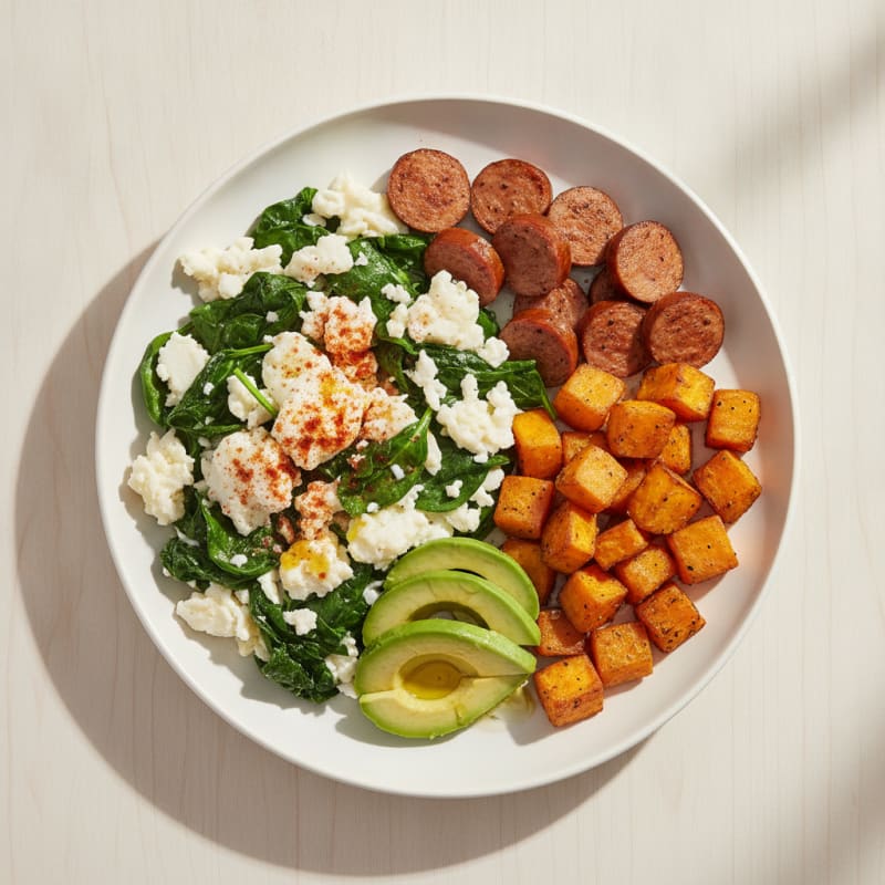 Egg White and Spinach Scramble with Turkey Sausage and Roasted Sweet Potato