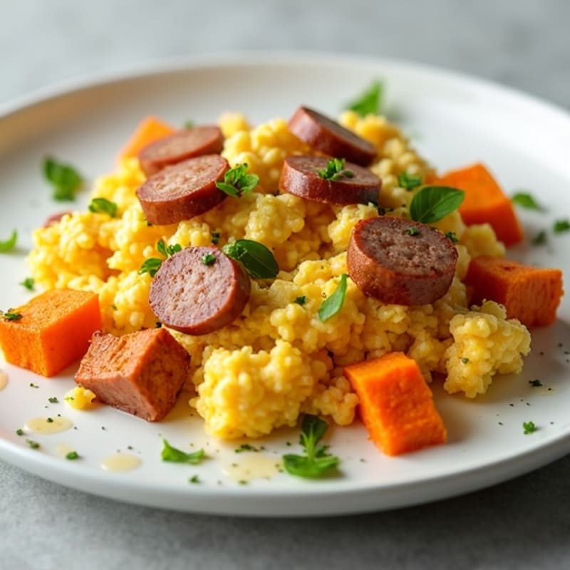 Egg White and Turkey Sausage Scramble with Roasted Sweet Potato