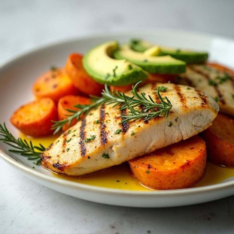 Grilled Lemon Herb Chicken Breast with Roasted Sweet Potatoes