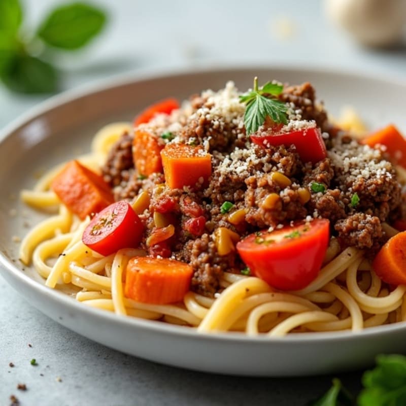Lean Beef and Vegetable Bolognese over Whole Wheat Pasta