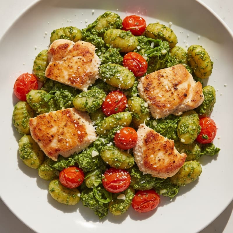 Gnocchi with Arugula Pesto and Cherry Tomatoes