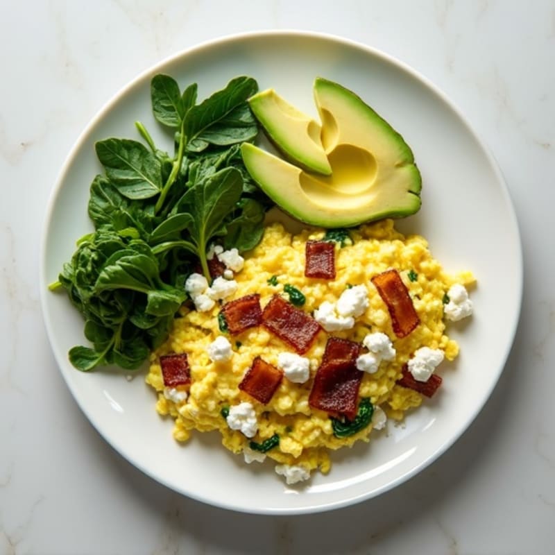 Egg White and Spinach Scramble with Cottage Cheese and Turkey Bacon