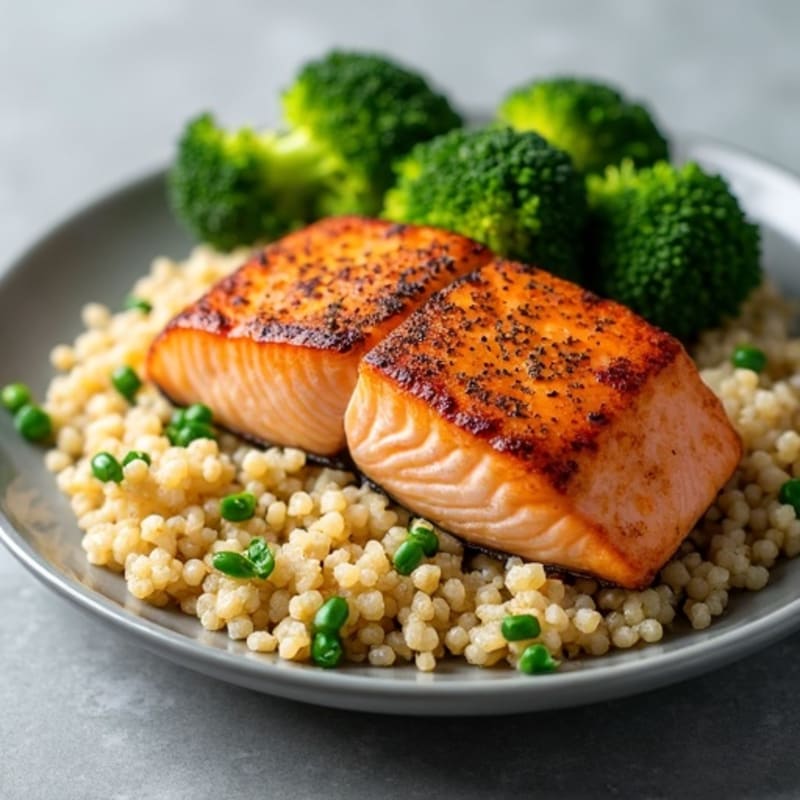 Seared Salmon with Steamed Broccoli and Quinoa