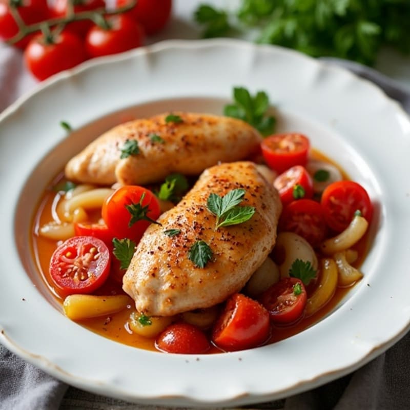 Tender Braised Chicken with Bell Peppers, Onions, and Tomatoes