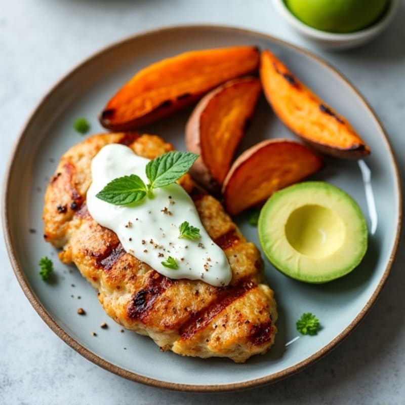 Grilled Chicken Breast with Creamy Avocado Yogurt Sauce and Roasted Sweet Potato Wedges