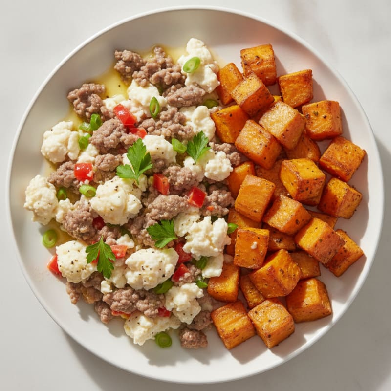 Egg White and Beef Scramble with Roasted Sweet Potatoes