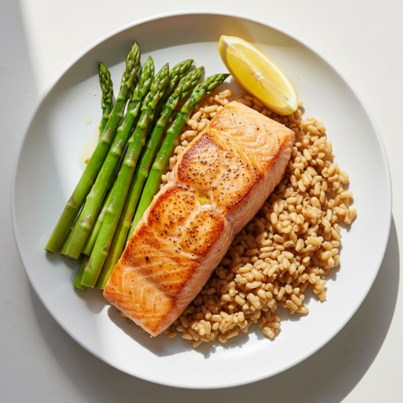 Seared Salmon with Steamed Asparagus and Brown Rice