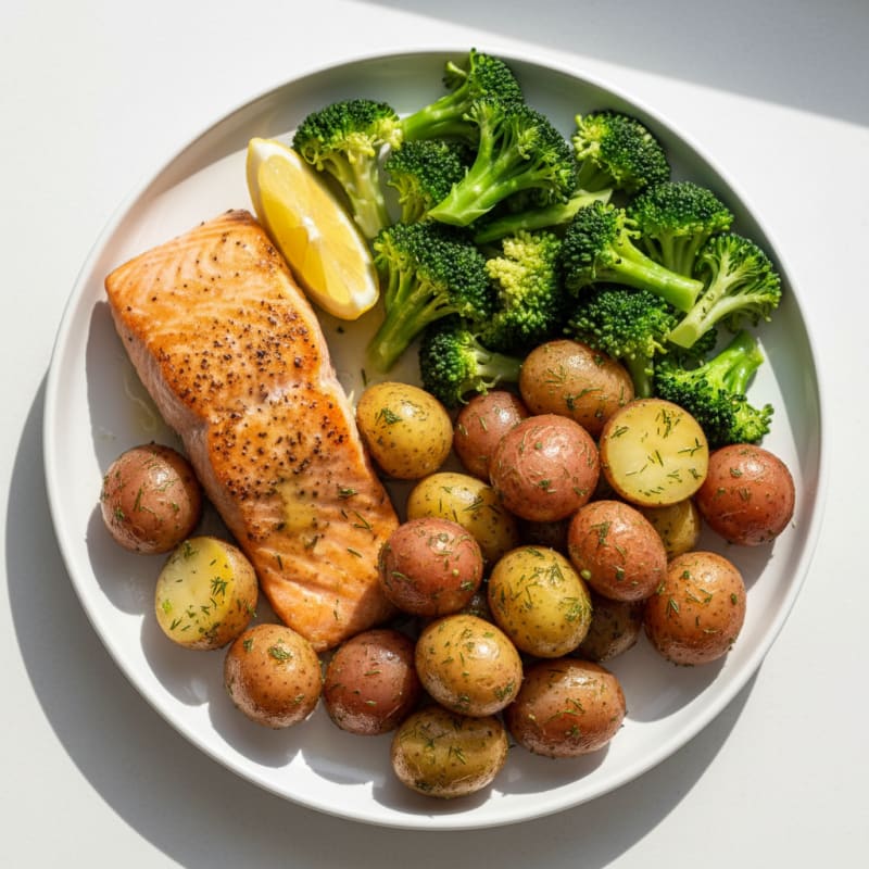 Pan-Seared Salmon with Herb Potatoes and Steamed Broccoli