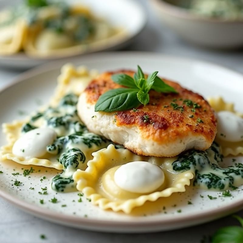 Creamy Spinach Ravioli with Herb-Roasted Chicken