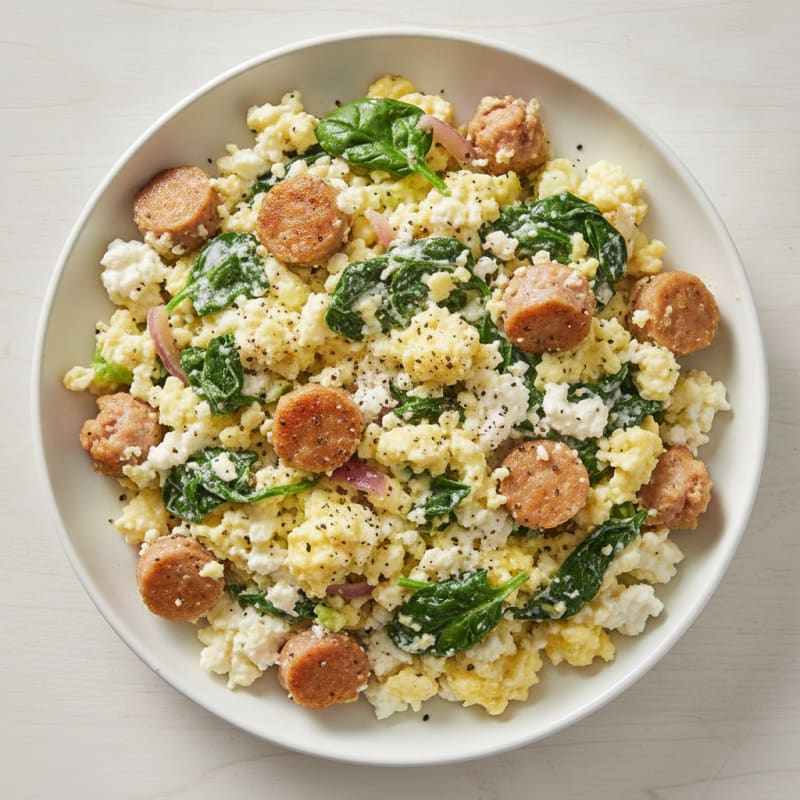 Cottage Cheese Scramble with Turkey Sausage and Spinach