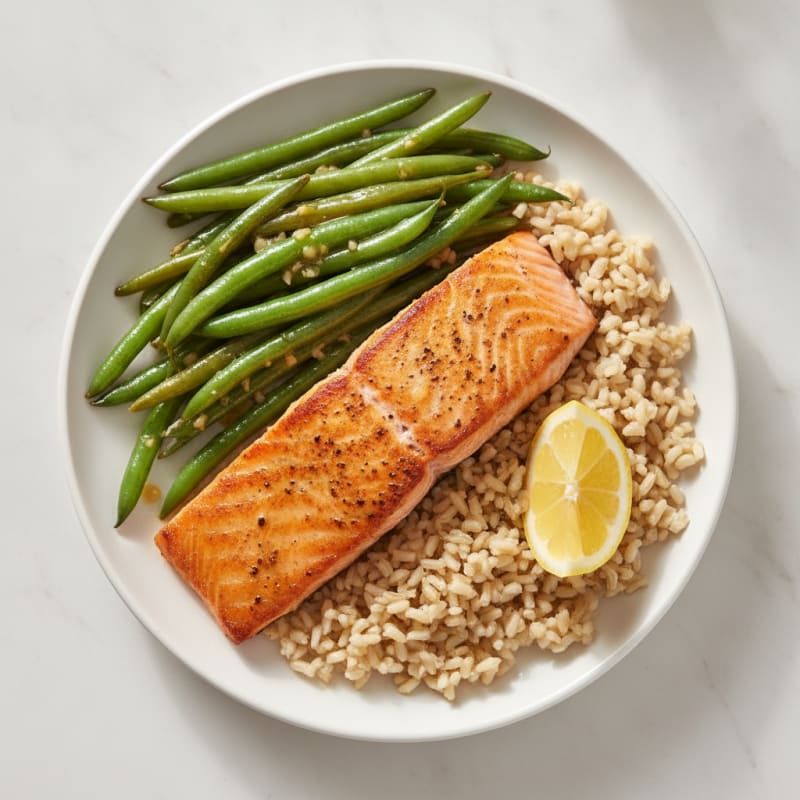 Seared Salmon with Garlic Green Beans and Brown Rice