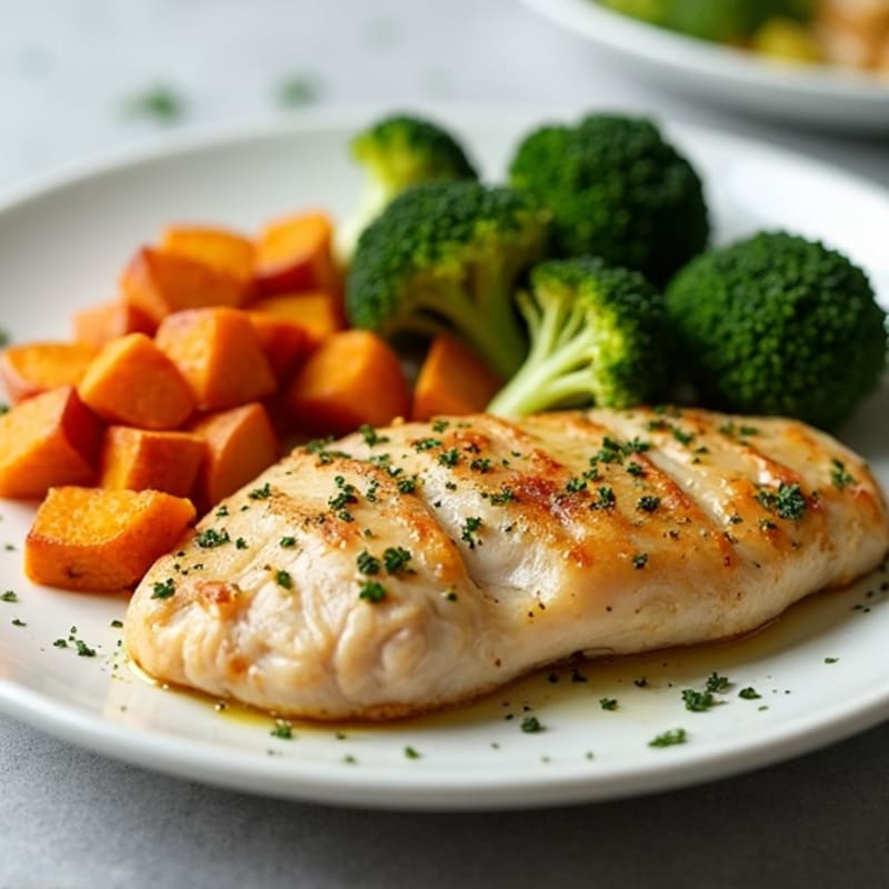 Lemon Herb Roasted Chicken with Crispy Broccoli and Sweet Potatoes