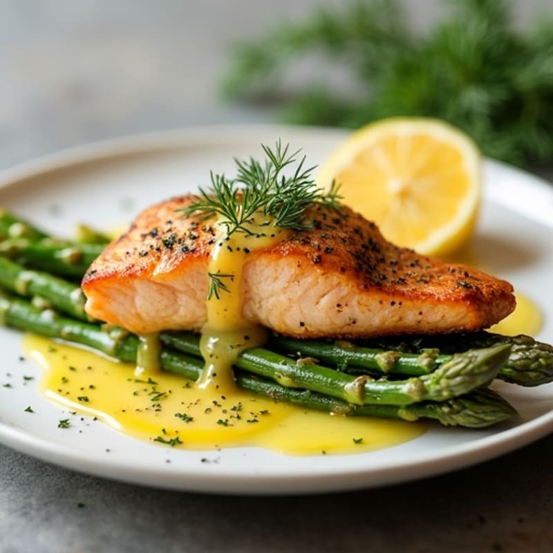 Pan-Seared Salmon with Roasted Asparagus and Lemon-Dill Sauce