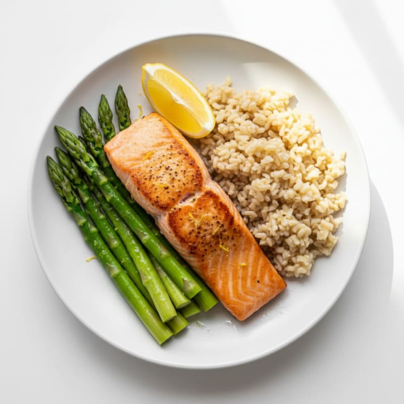 Seared Salmon with Steamed Asparagus and Brown Rice