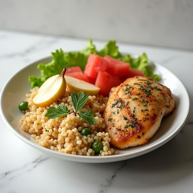 Herb-Roasted Chicken with Fonia Pilaf and Pear Watermelon Salad