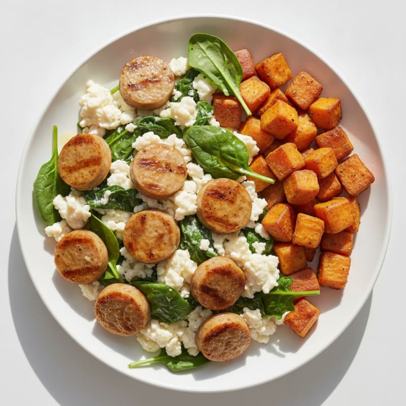 Crispy Turkey Sausage and Egg White Scramble with Spinach