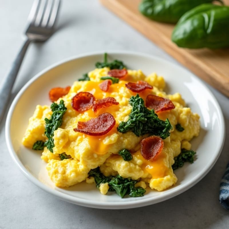 Cheesy Egg White Scramble with Spinach and Turkey Bacon