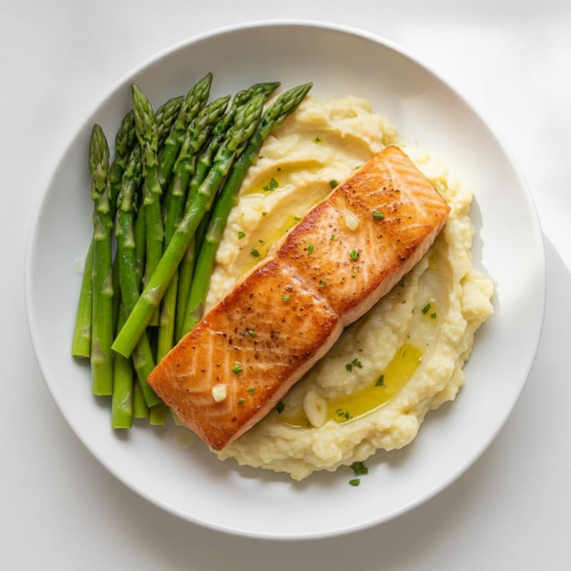Seared Salmon with Steamed Asparagus and Cauliflower Mash