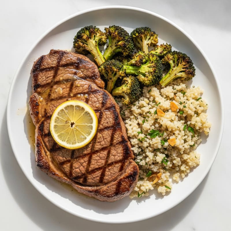 Seared Beef Steak with Roasted Broccoli and Garlic Quinoa