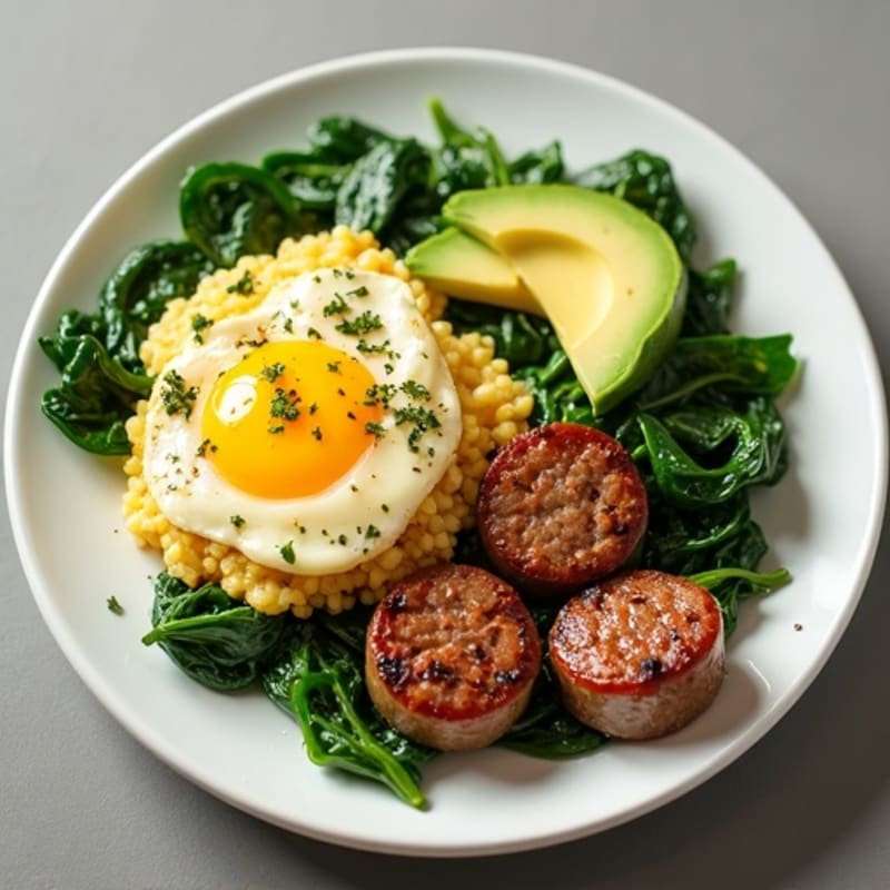 Egg White and Turkey Sausage Scramble with Sautéed Spinach