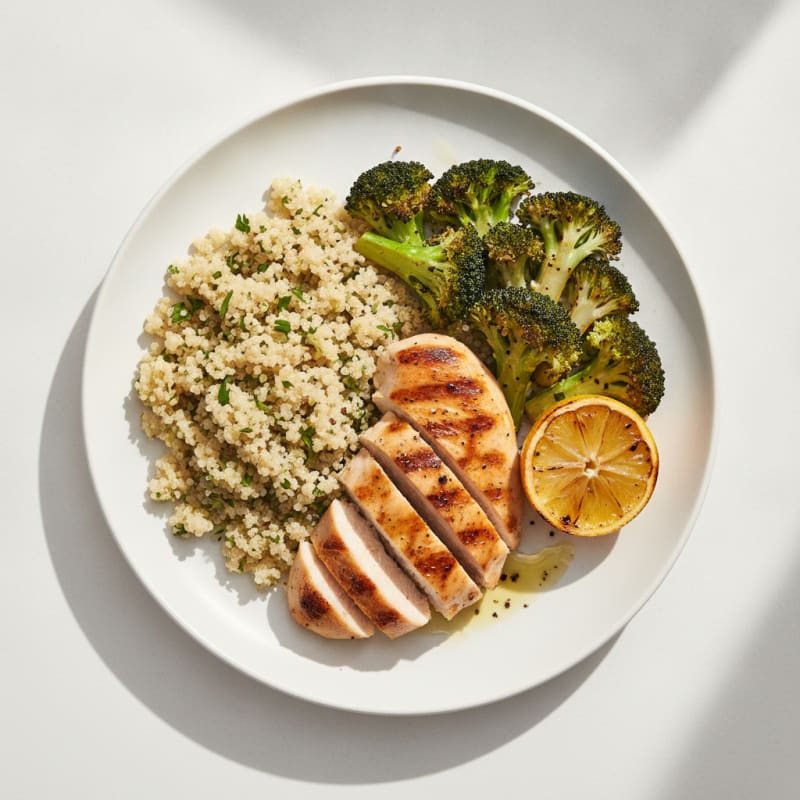 Grilled Chicken Breast with Quinoa and Roasted Broccoli