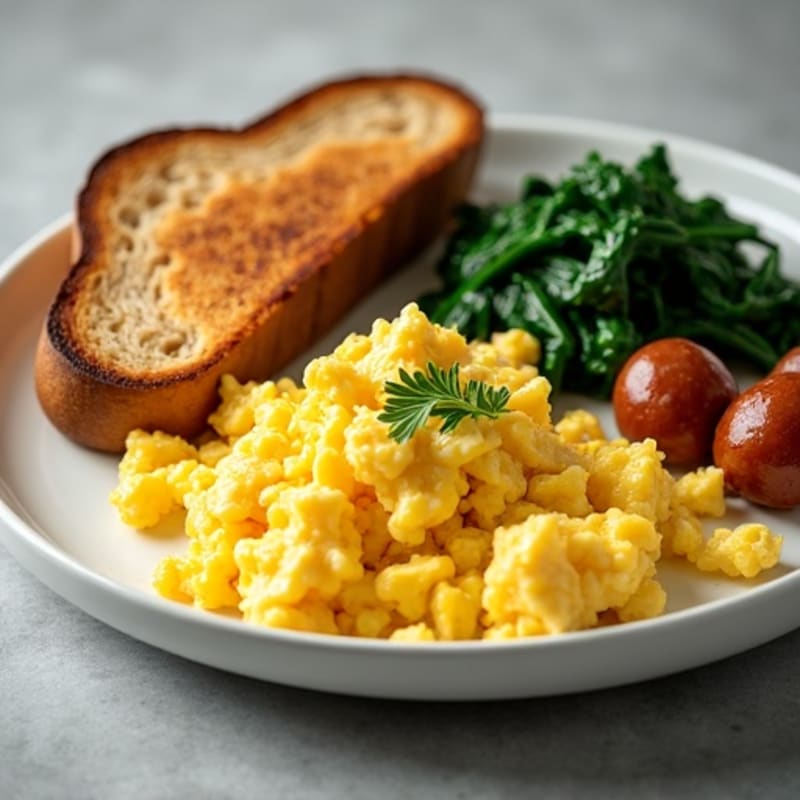 Scrambled Eggs with Turkey Sausage and Sautéed Spinach