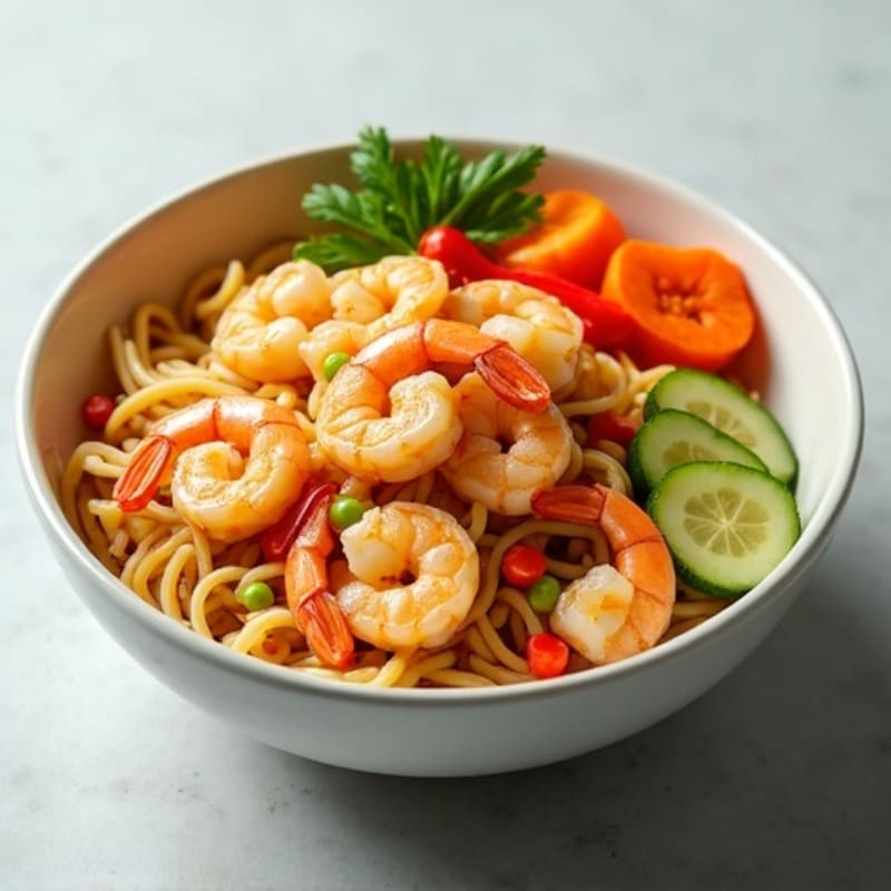 Tender Shrimp with Creamy Peanut Noodles and Crunchy Vegetables