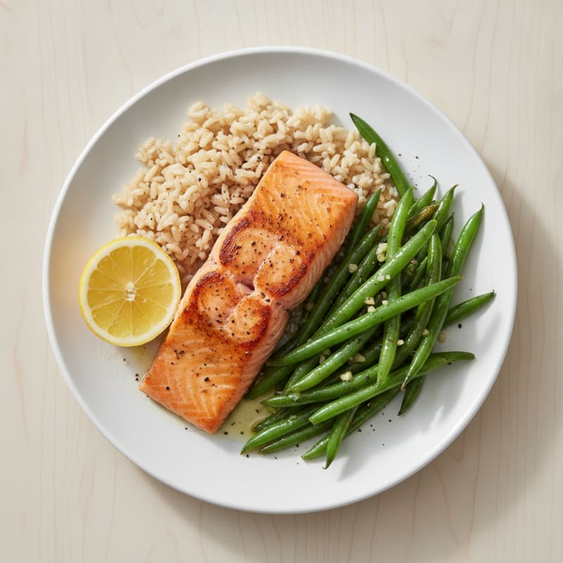 Seared Salmon Fillet with Sautéed Green Beans and Brown Rice