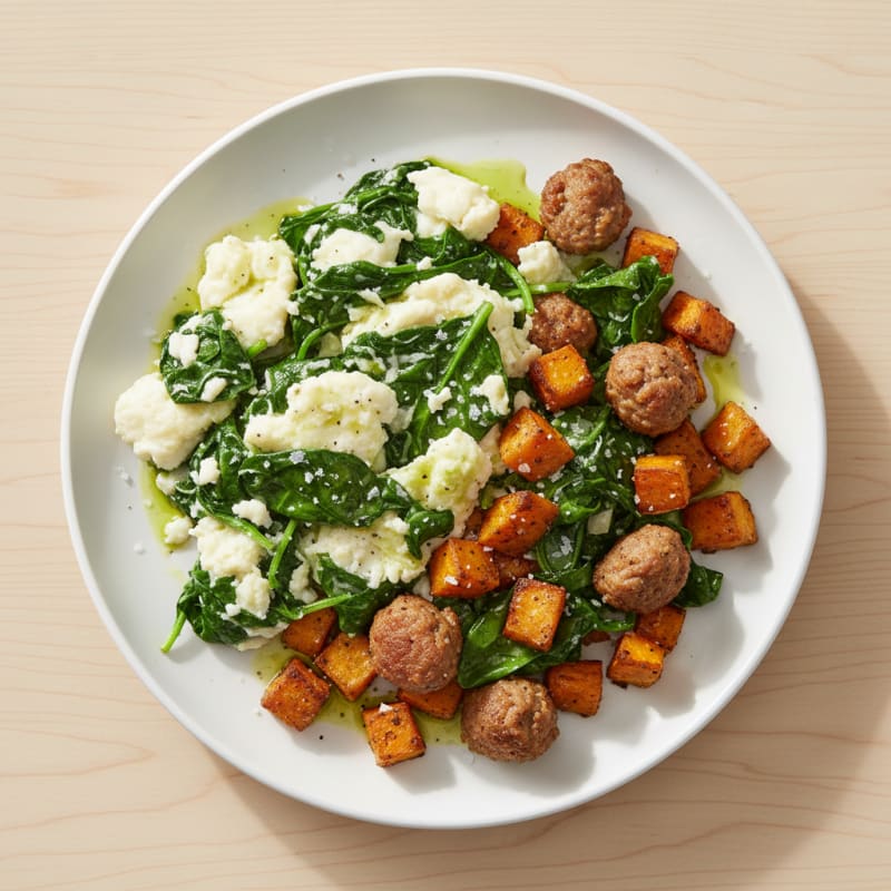 Egg White Spinach Scramble with Turkey Sausage and Roasted Sweet Potatoes