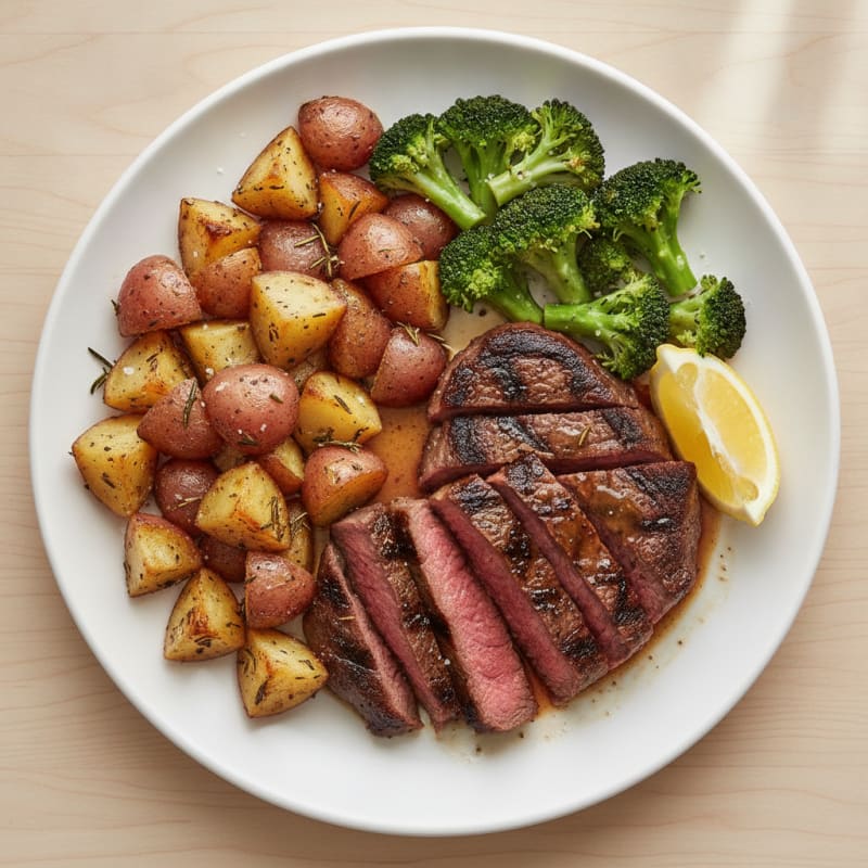 Seared Steak with Roasted Potatoes and Steamed Broccoli