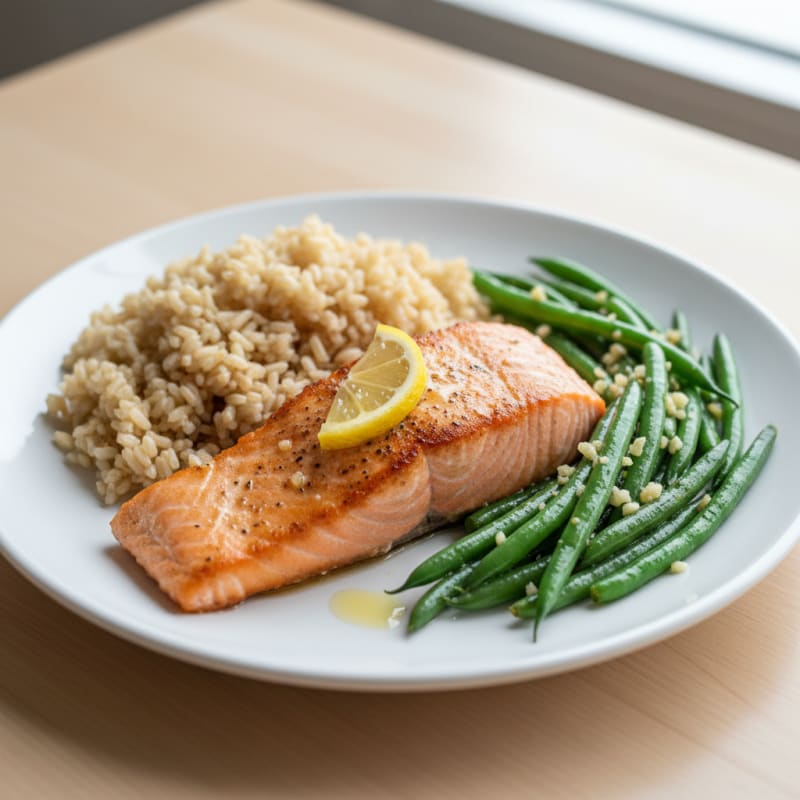 Seared Salmon with Garlic Green Beans and Brown Rice