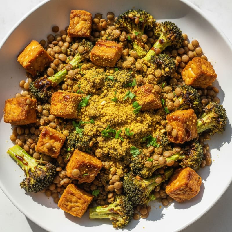 Crispy Lentil and Tempeh Power Bowl with Roasted Broccoli